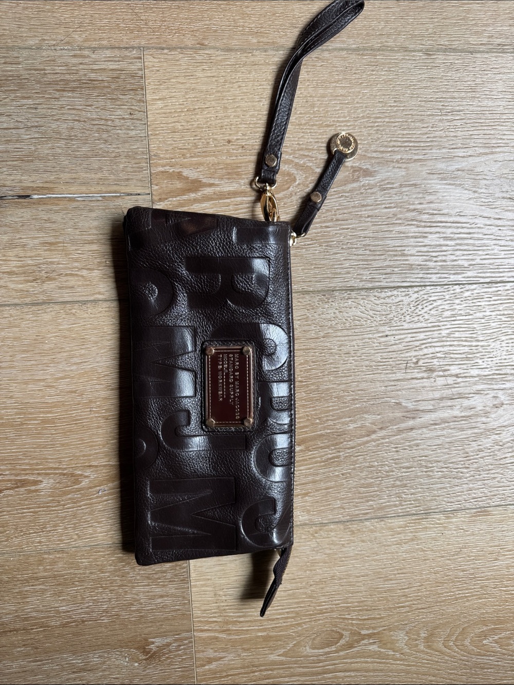 Marc by Marc Jacobs Dark Brown Embossed Leather Wristlet with Gold Plate